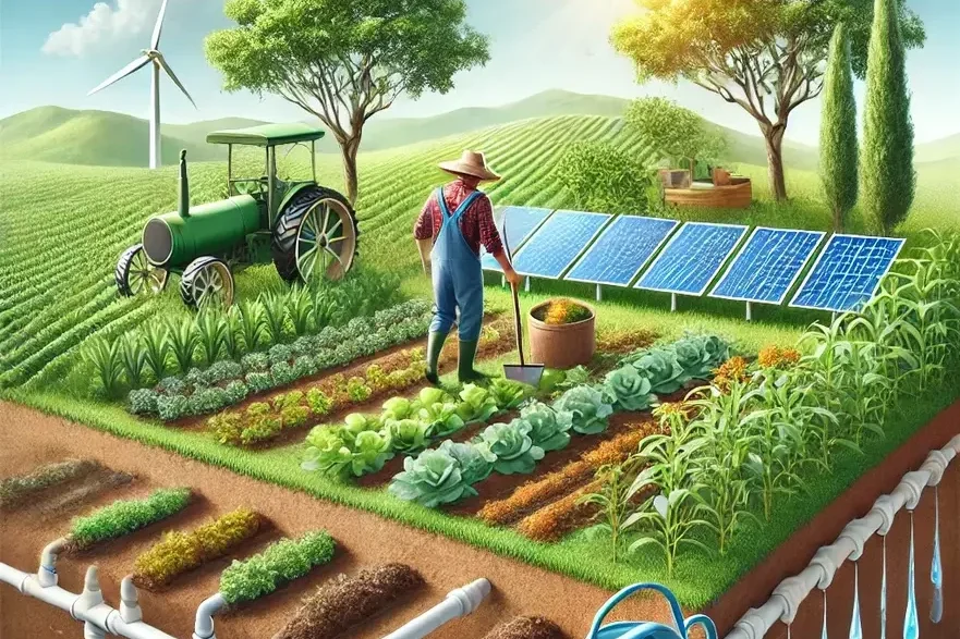 "A farmer using sustainable techniques such as drip irrigation, organic composting, and solar-powered irrigation in a lush green field, representing climate-resilient farming practices for sustainable agriculture in India."