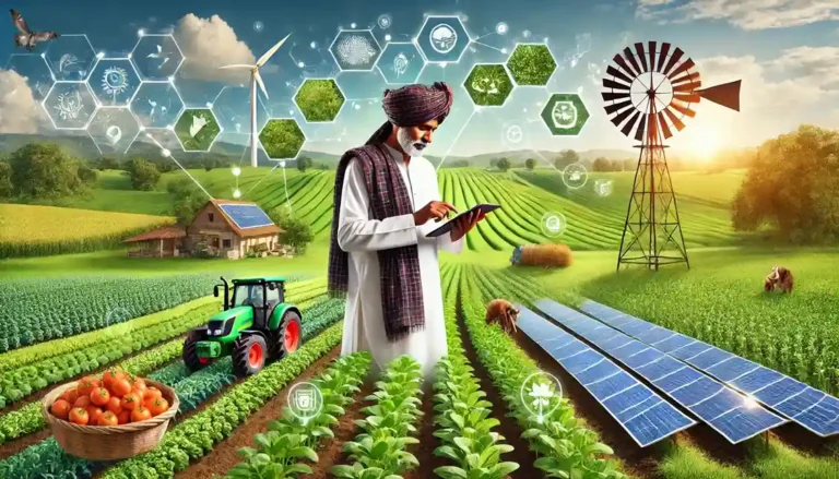 An Indian farmer in traditional attire using a tablet in a lush green farm, with solar panels, windmills, smart tractors, and organic crops—representing the Agriculture Budget 2025’s focus on sustainability and technology.