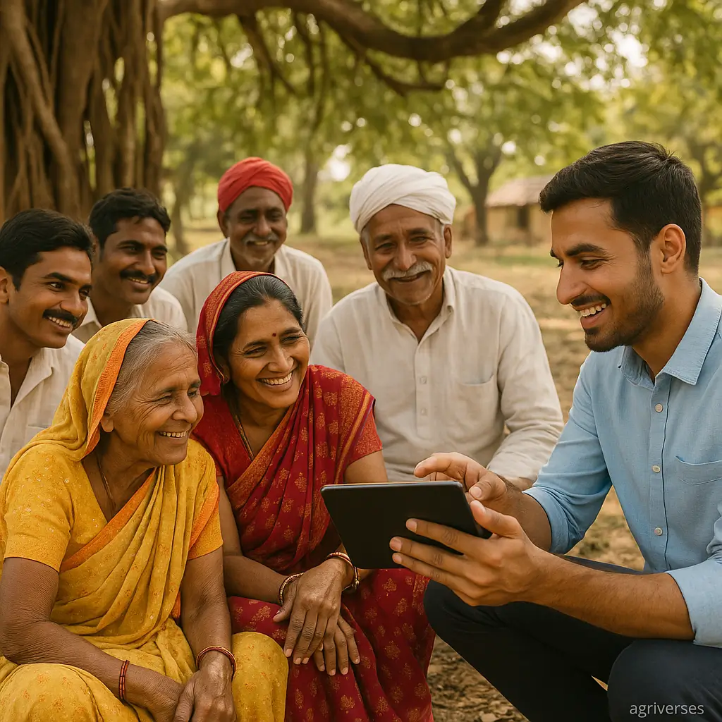 Agriculture Budget 2025-26 Brings Big Boost for Farmers 2 group of Indian farmers learning together from an extension worker with a tablet, symbolizing community empowerment and knowledge sharing.