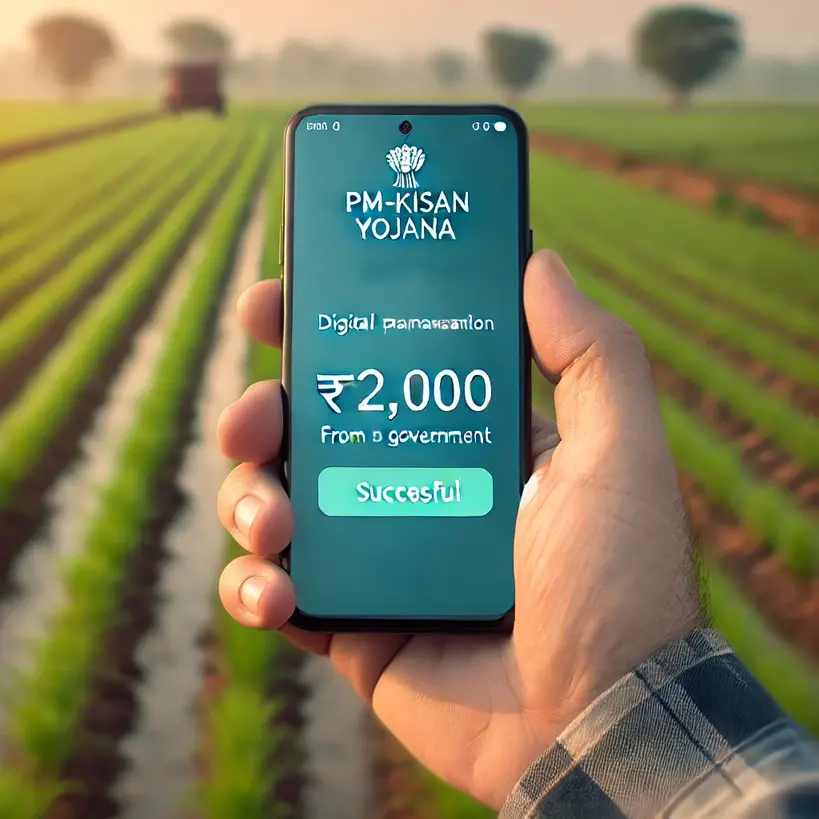 "A mobile phone screen displaying a digital payment notification for PM-KISAN Yojana, held by a farmer’s hand with a blurred background of green fields, symbolizing government financial assistance to farmers."