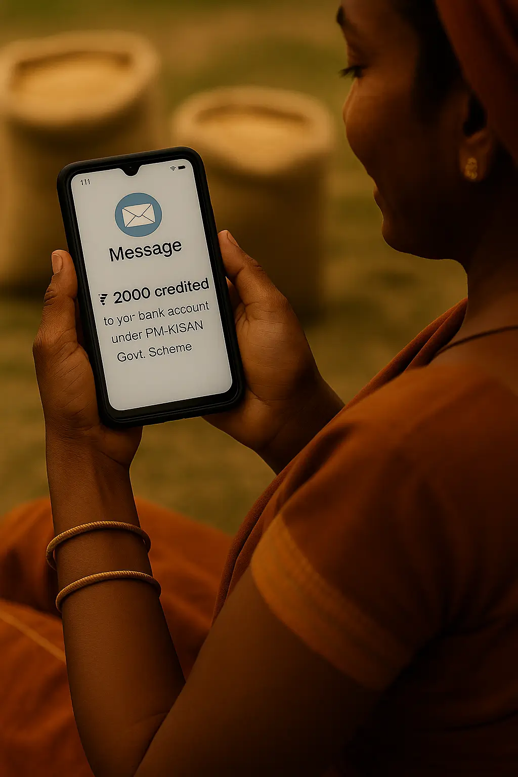 Agriculture Budget 2025-26 Brings Big Boost for Farmers 4 A woman's hands holding a smartphone showing a direct benefit transfer message, symbolizing the financial support from schemes in the Agriculture Budget 2025-26