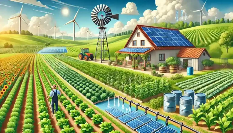 A lush green farm with a farmer tending to organic crops, solar panels on a house, a windmill, and a water conservation system, showcasing sustainable agriculture practices.