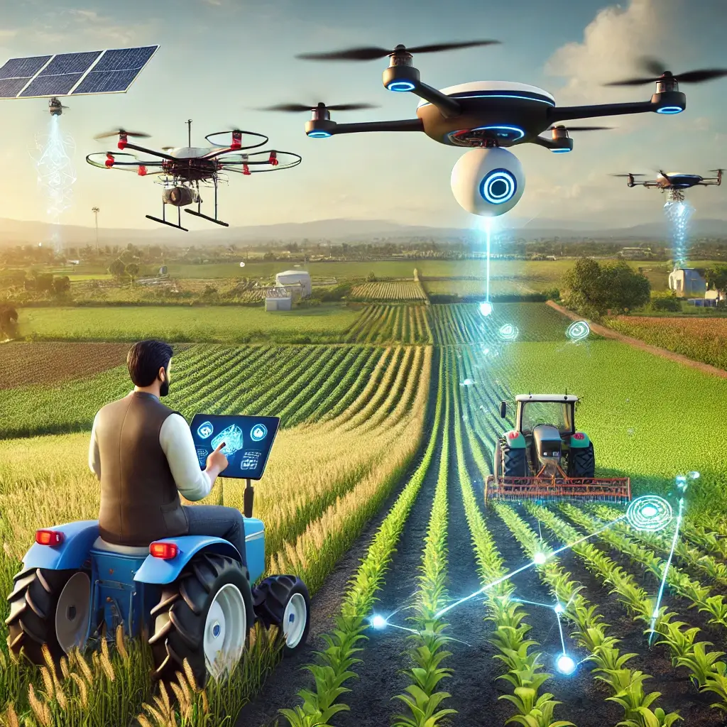 A future of  Indian agriculture featuring AI-powered drones, smart irrigation, and automated farming technologies.