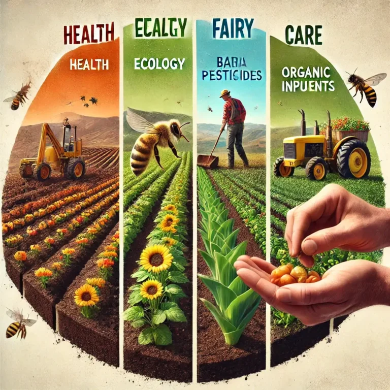 Infographic highlighting organic farming principles like soil health, biodiversity, fairness, and sustainability.