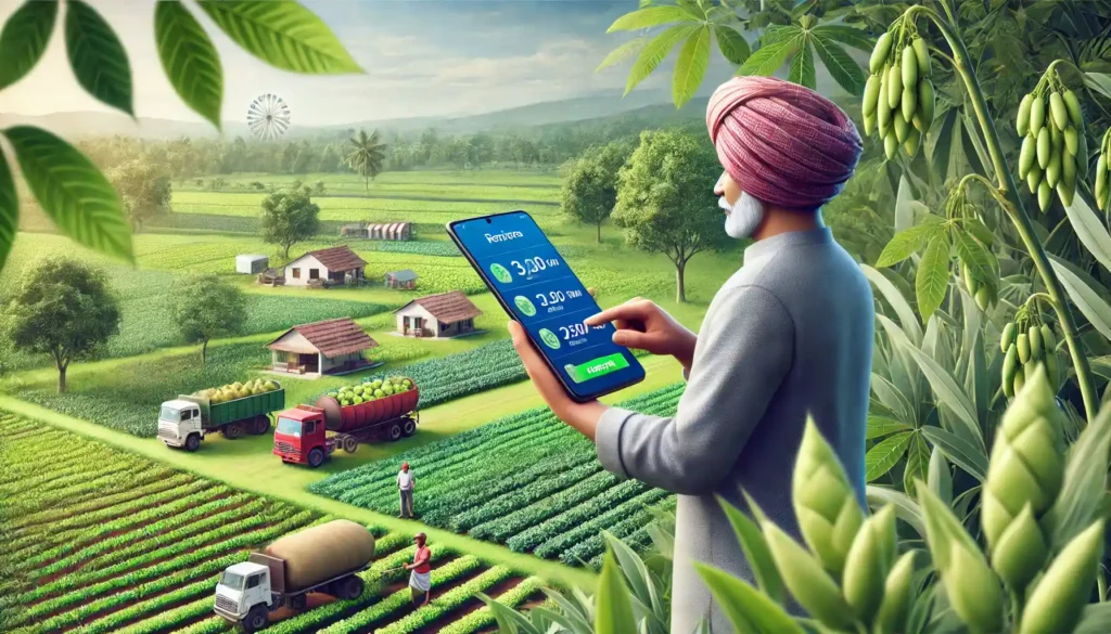 Indian farmer using a smartphone in a lush green field to check crop prices on a digital agricultural marketplace app.