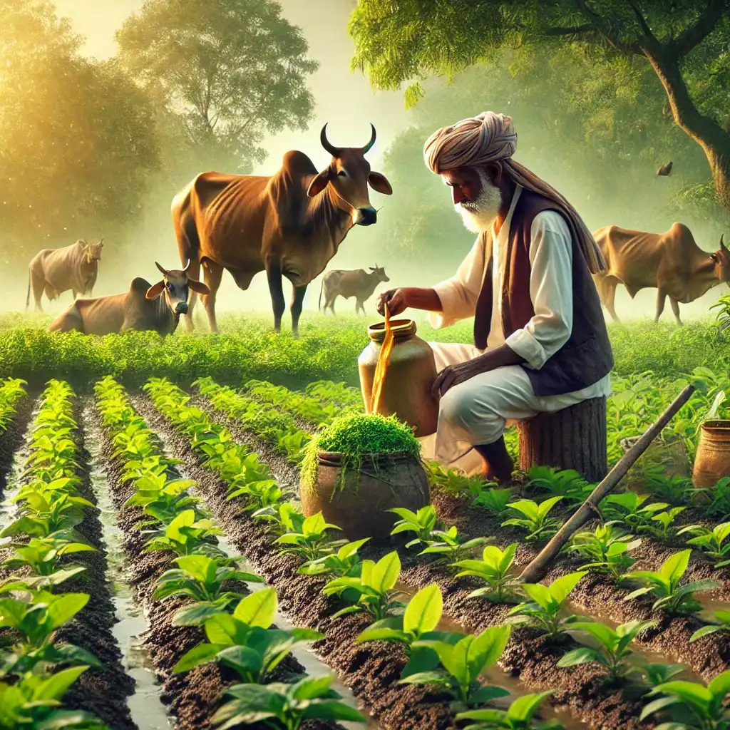 Indian farmers using natural fertilizers and bio-pesticides in organic farming.