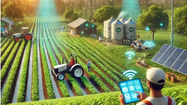 A futuristic farm with AI-powered drones spraying crops, smart tractors, solar panels, and a farmer using a digital tablet to monitor agricultural operations.