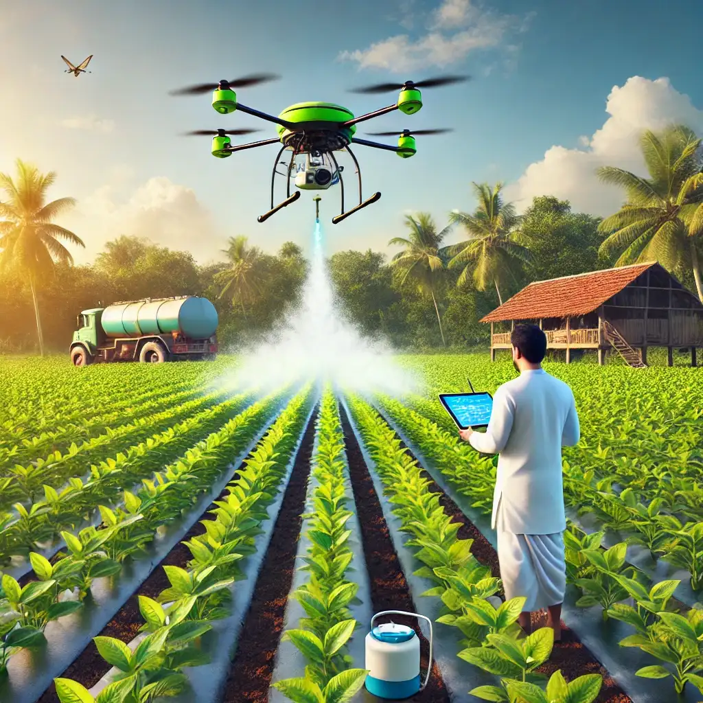 A realistic Indian farm using drone technology for precision agriculture and pesticide spraying.