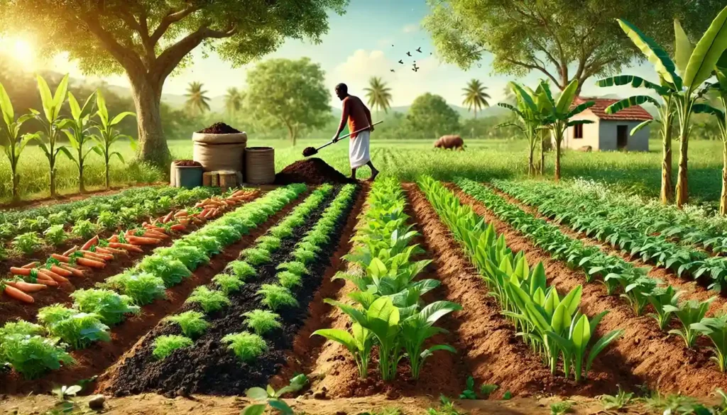 Organic farming with green crops, compost piles, and a farmer using natural compost.