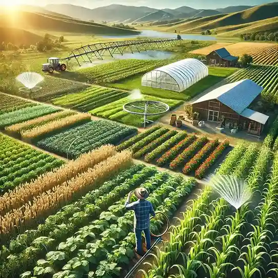 An image showcasing a vast farmland with diverse crops, including wheat, rice, and vegetables. A farmer is inspecting plants, while a modern greenhouse, irrigation system, and a rural barn are visible in the background, representing a balance of traditional and modern agriculture.