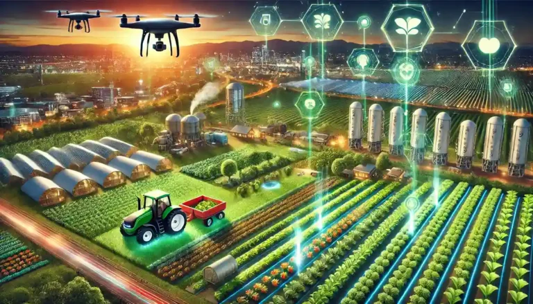 A futuristic farm with AI-powered drones spraying crops, smart tractors, solar panels, and a farmer using a digital tablet to monitor agricultural operations.