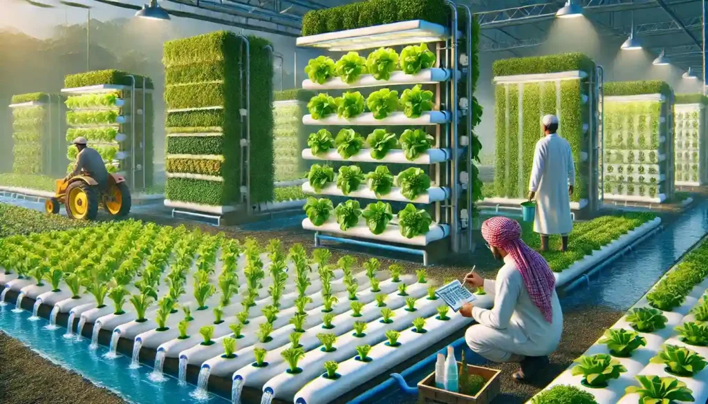 A realistic Indian farm using hydroponics technology with vertical farming structures and innovation in agriculture