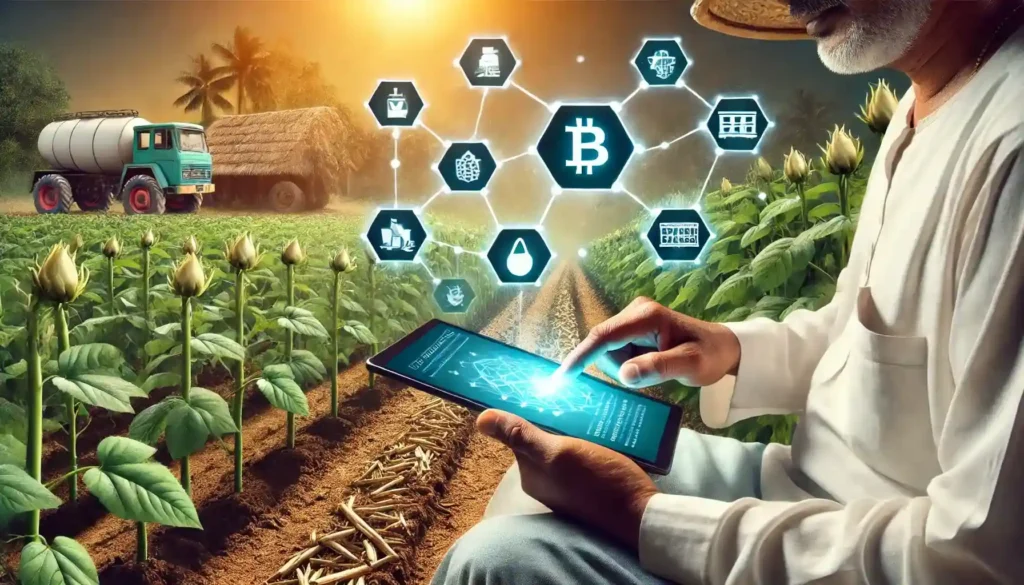 A realistic Indian farm integrating blockchain technology for supply chain transparency.