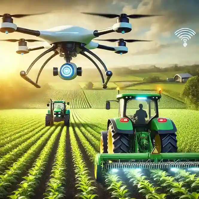 A high-tech agricultural drone scanning crops in a lush green field while a self-driving tractor with AI and GPS technology works efficiently, showcasing modern smart farming practices.