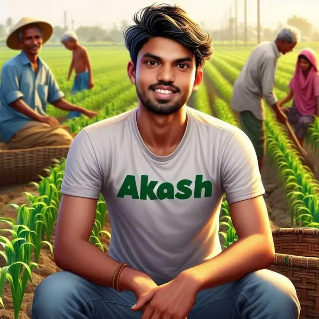 Akash, founder of Agriverses, smiling on an organic farm with farmers working in the background, representing sustainable agriculture.