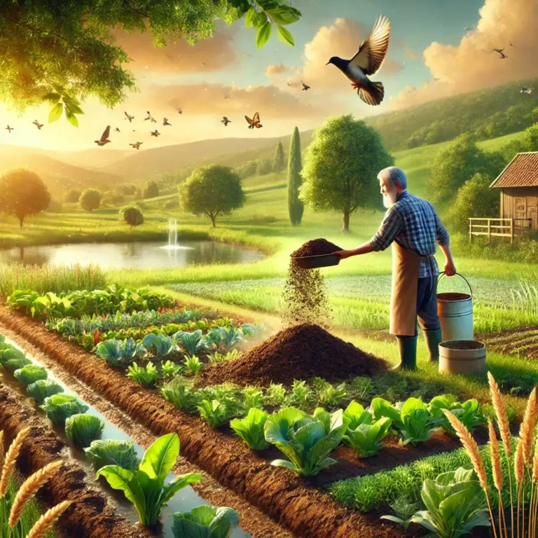 A farmer practicing organic farming by spreading nutrient-rich compost on lush green crops. The vibrant farm landscape showcases the benefits of organic farming, including healthy soil, sustainable agriculture, and eco-friendly cultivation