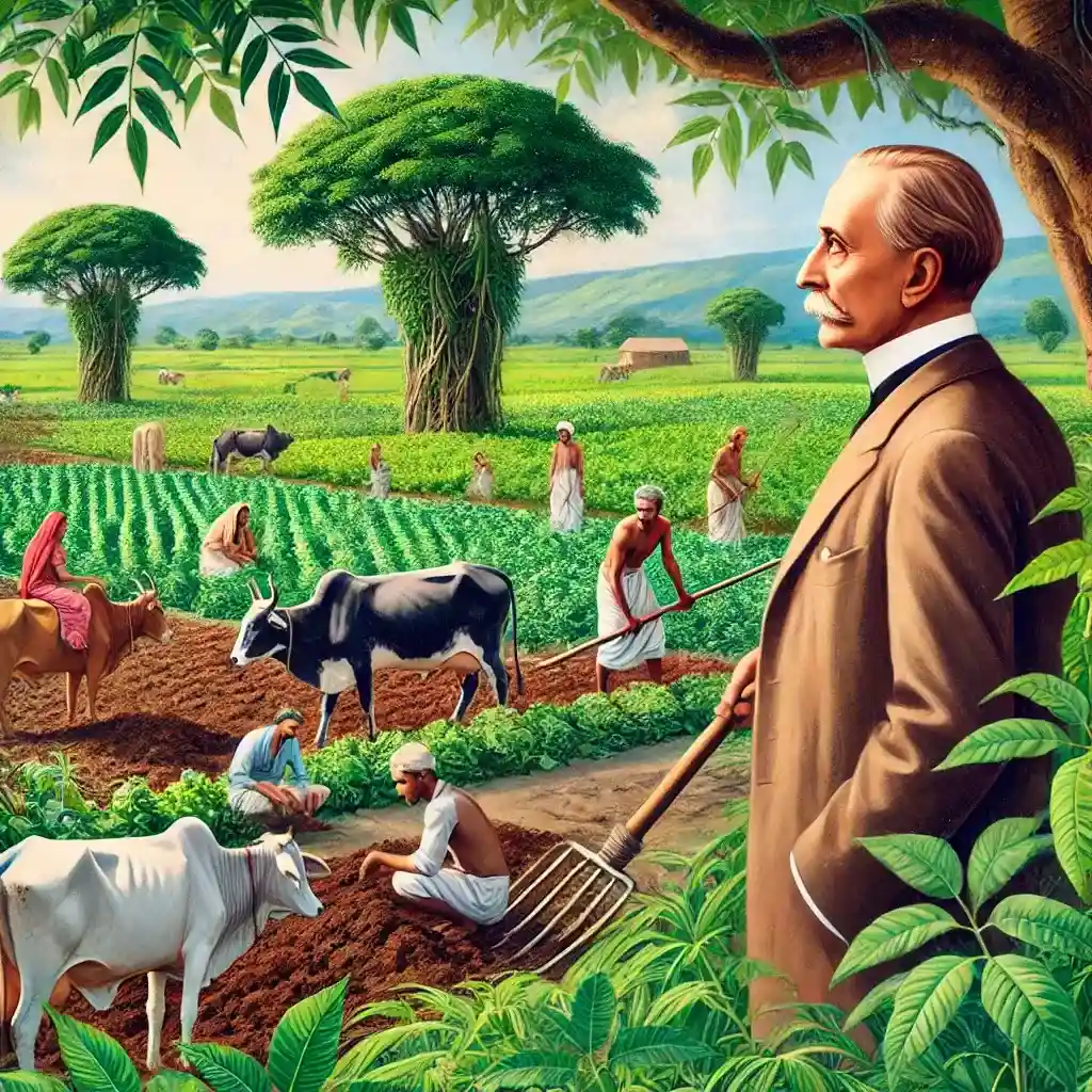 Illustration of Sir Albert Howard alongside a traditional Indian farmer practicing organic farming.