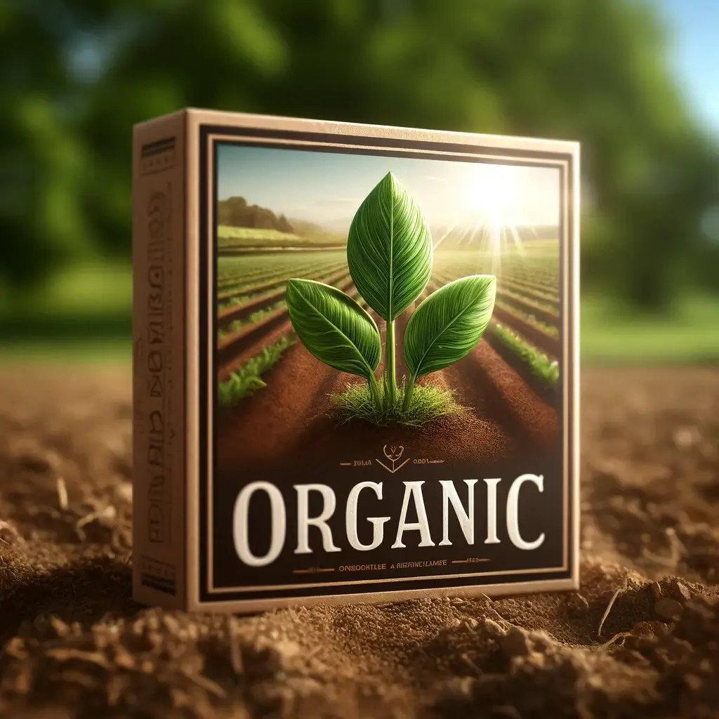 Realistic green plant sprouting from soil with a blurred farm background, symbolizing organic farming and sustainability.