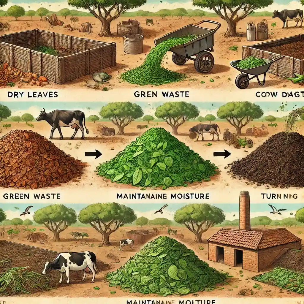 Compost pile with dry leaves, green waste, and cow dung layers.