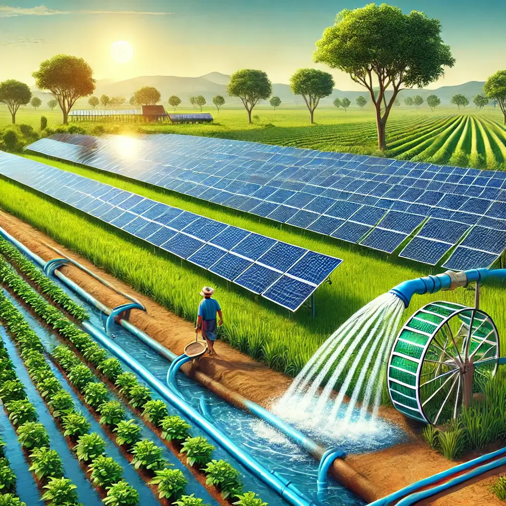 A realistic Indian farm utilizing solar-powered irrigation, with solar panels near a lush field and a farmer managing water flow.