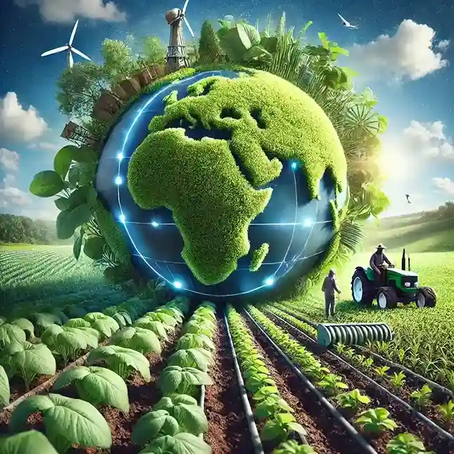 An image of a lush green agricultural field with a globe made of soil and plants at the center symbolizes sustainable and eco-friendly farming practices. The bright sky and healthy crops highlight renewable and organic agricultural methods.