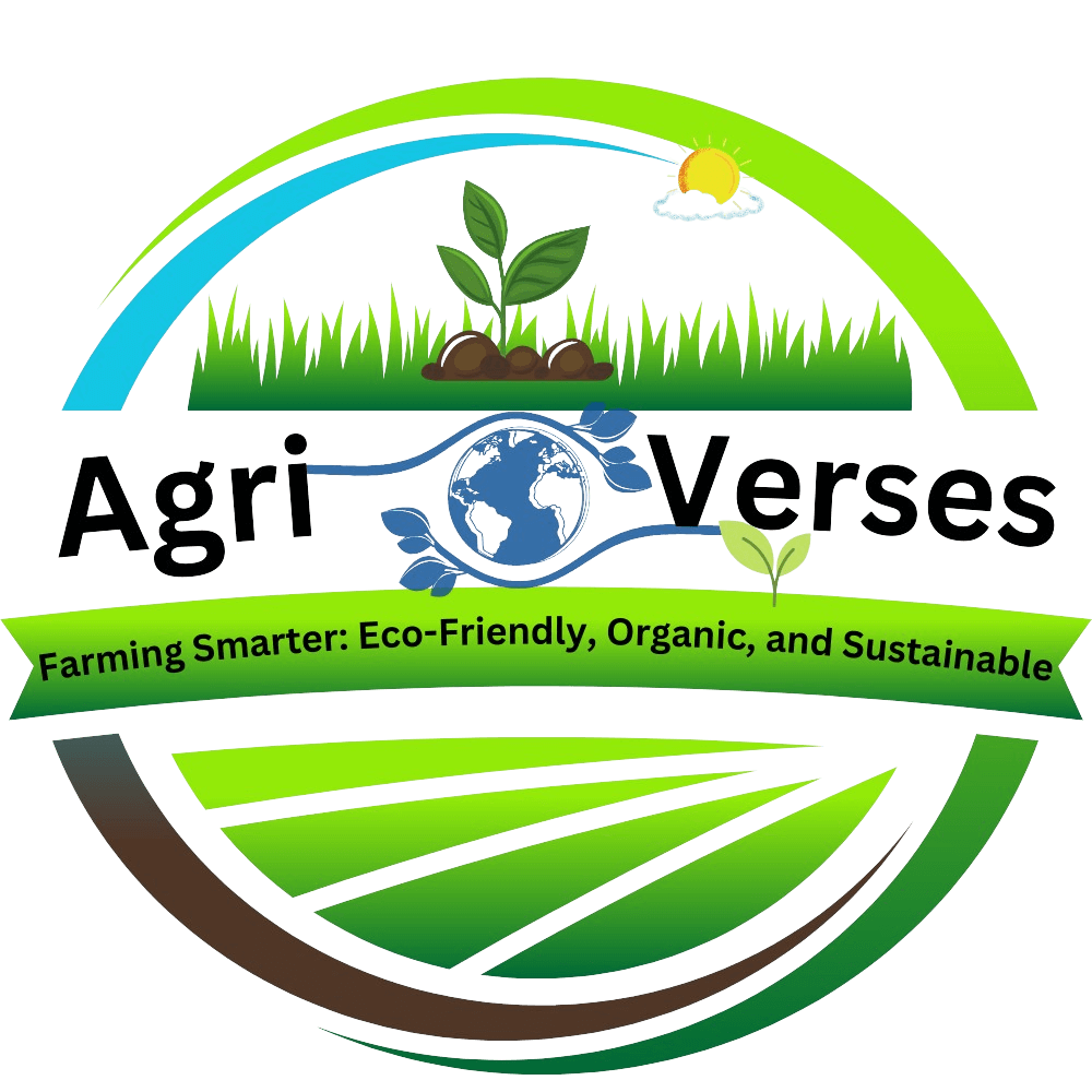 AgriVerses logo featuring a green agricultural field, sprouting plant, and eco-friendly farming them.