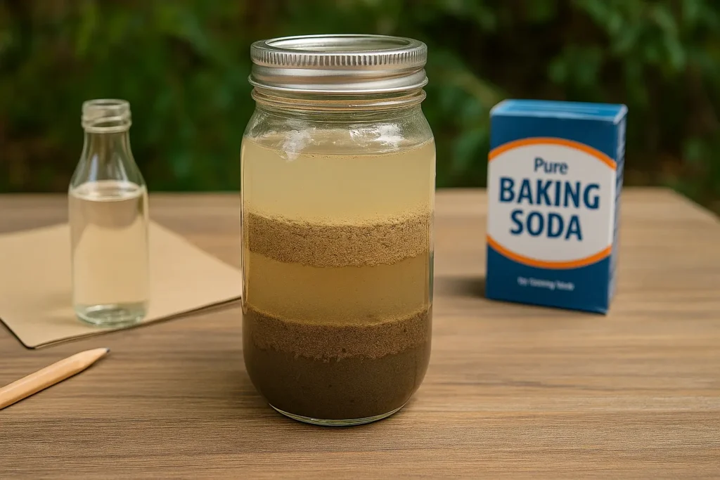 DIY mason jar soil testing showing soil layers and home test kit items.