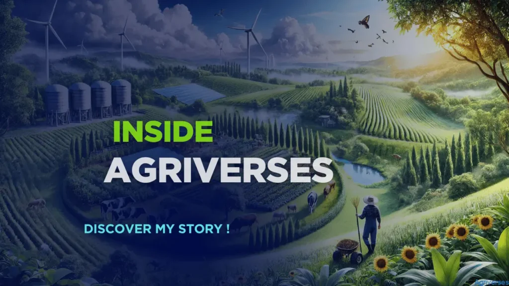 About Agriverses – Organic Farming & Modern Agriculture Blog 1 Lush green futuristic farm landscape with wind turbines, solar panels, water tanks, cows grazing, and a farmer walking through sunflower fields under a bright sky — representing the Agriverses journey of modern, sustainable agriculture. and represtn about us page of agriverses.