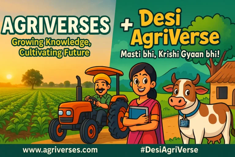 Promotional banner featuring Agriverses and Desi AgriVerse, with animated characters of a farmer on a tractor, a woman with a book, and a smart-tagged cow, promoting agricultural learning in a fun, local style.