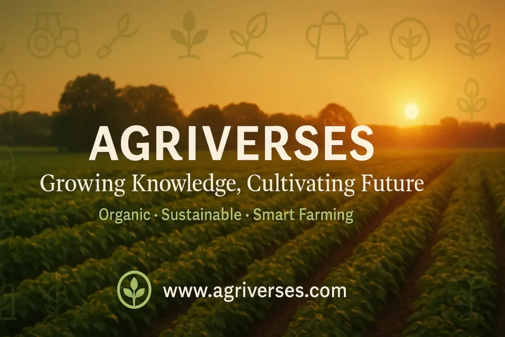 About Agriverses – Organic Farming & Modern Agriculture Blog 10 Agriverses promotional banner showing a sunrise over lush green crop rows, with the tagline "Growing Knowledge, Cultivating Future" and focus on organic, sustainable, smart farming education.
