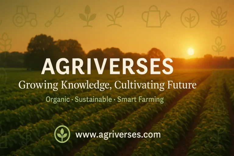 Agriverses promotional banner showing a sunrise over lush green crop rows, with the tagline "Growing Knowledge, Cultivating Future" and focus on organic, sustainable, smart farming education.