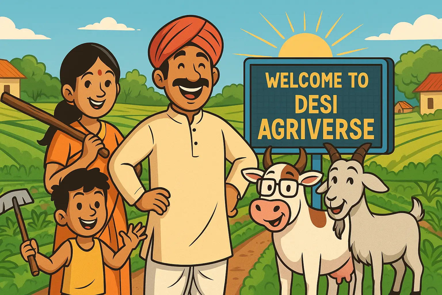 🌾 Desi AgriVerse – Kheti Ki Kahaniyaan, Jugaad aur Gyaan 4 Desi AgriVerse characters welcoming visitors to a fun and educational comic-style farming world.