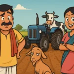 Desi AgriVerse comic-style Indian farm illustration featuring Bhola Bhaiya, Guddi Didi, Chikni Bakri, and Pintu the AI Cow in a colorful village setting