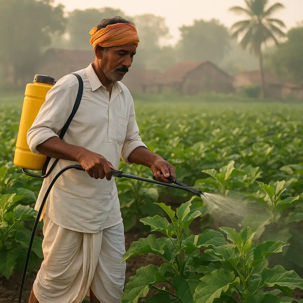 Indian farmer spraying Cow Urine for Pest Control in a vegetable field