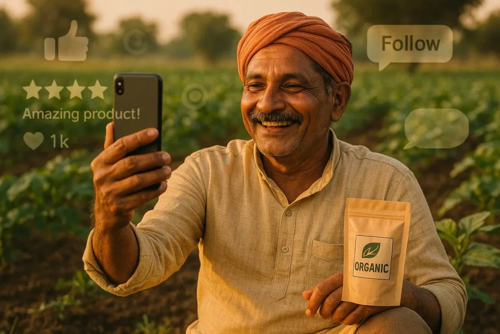 How to Sell Organic Products Online in India - A Guide 5 Indian farmer recording a video on his field with product branding and customer reviews