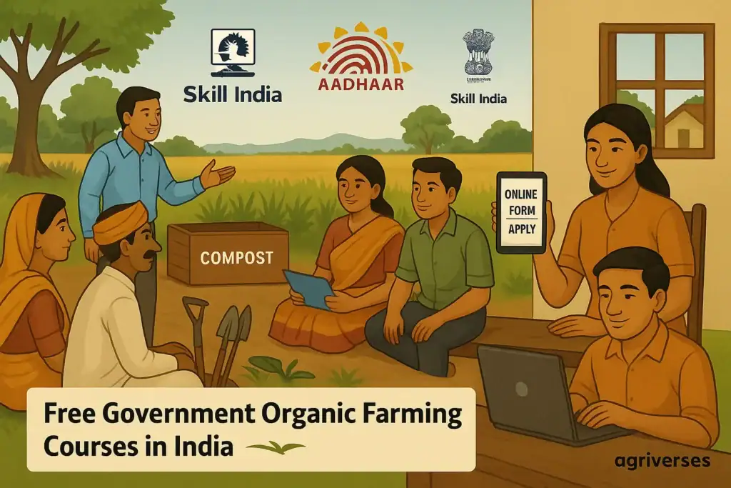 Top Organic Farming Courses in India – Online, Offline and Government in 2025 6 Indian farmers and rural youth participating in government-led organic farming training with Aadhaar and online registration visuals