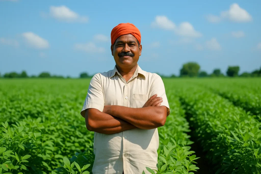 Indian farmer smiling in lush green leguminous field under blue sky showing sustainable nitrogen-fixing farming