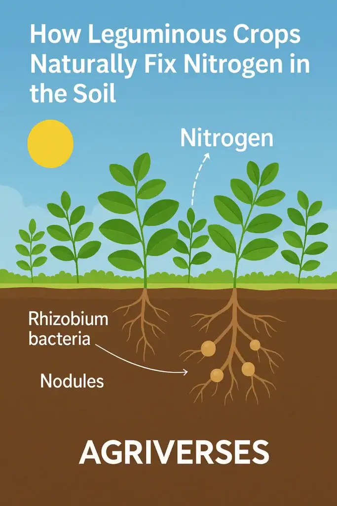 Role of Leguminous Crops in Nitrogen Fixation & Soil Health 2 Digital infographic showing leguminous plants with nitrogen-fixing rhizobium bacteria in root nodules, illustrating how nitrogen is naturally added to the soil.
