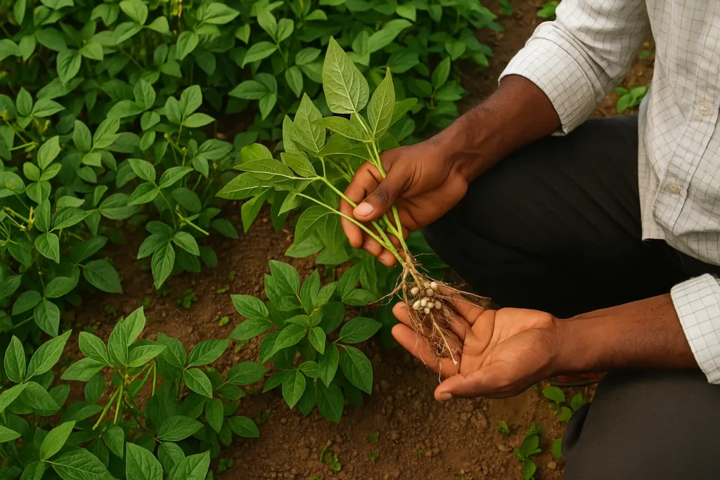 Close-up of moong root nodules in Indian field showing Rhizobium bacteria aiding nitrogen fixation