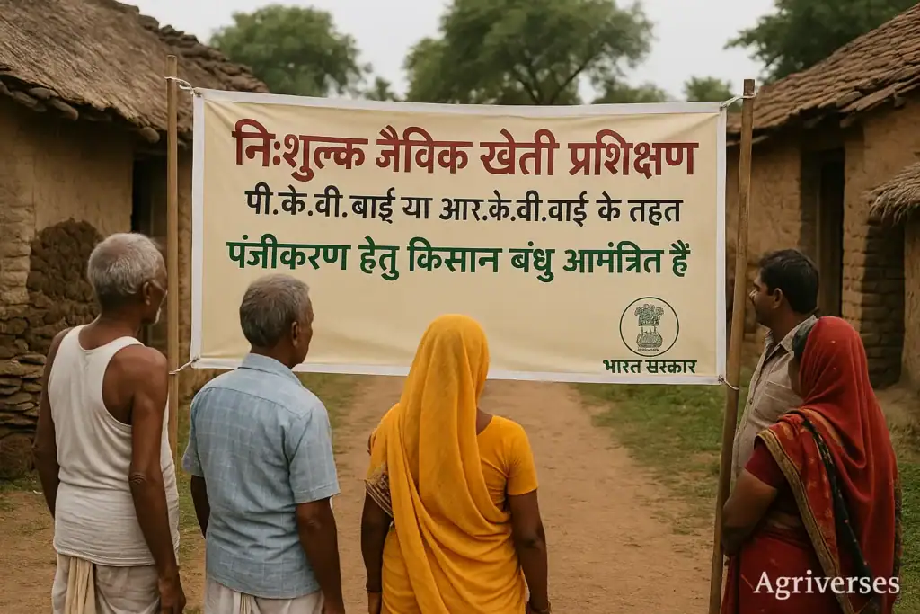 Top Organic Farming Courses in India – Online, Offline and Government in 2025 3 PKVY organic farming training promotion banner in Indian village.