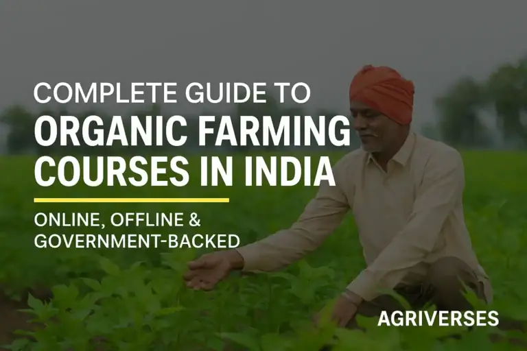A digital banner showing farmers, training visuals, and government scheme icons for organic farming courses in India, created by Agriverses.