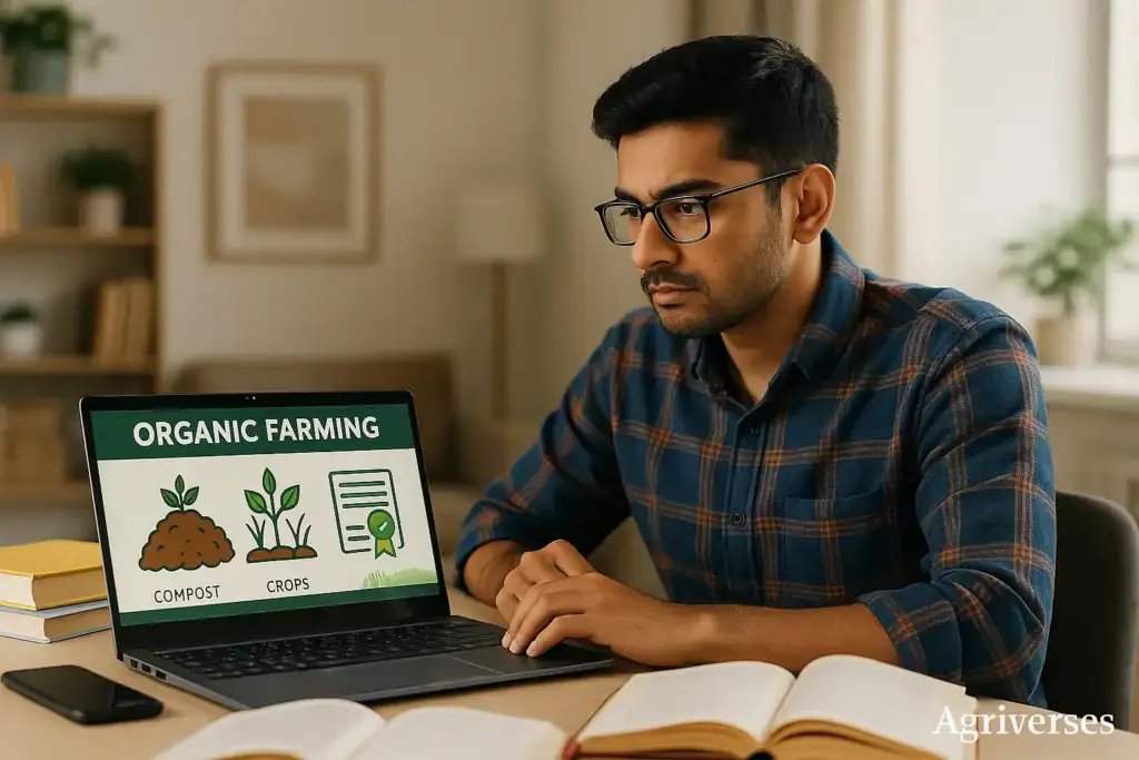 Top Organic Farming Courses in India – Online, Offline and Government in 2025 2 Online organic farming course being accessed on laptop by Indian learner