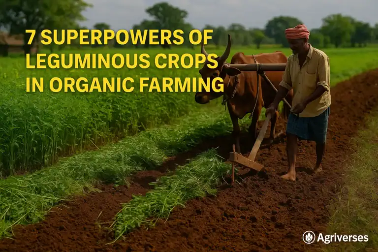 A rural farmer field with lush green leguminous crops used in organic farming for nitrogen fixation and soil improvement