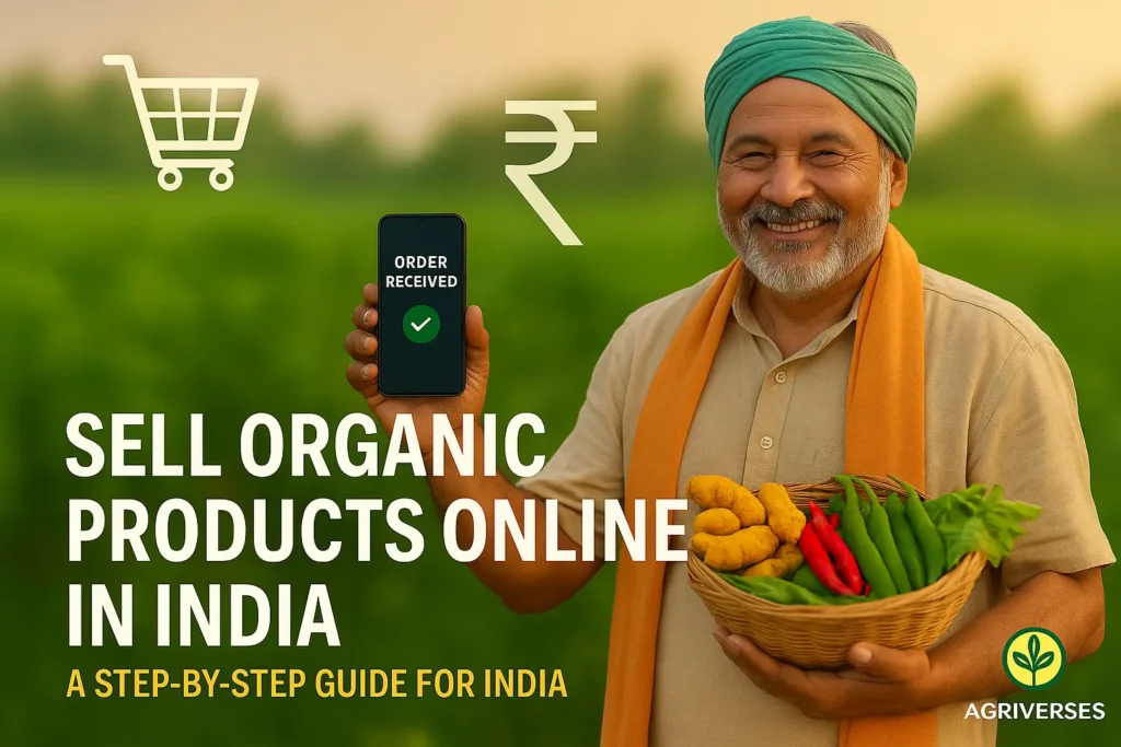 Indian organic farmer using smartphone to sell farm produce online with digital icons and Agriverses branding.