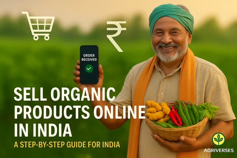 Indian organic farmer using smartphone to sell farm produce online with digital icons and Agriverses branding.