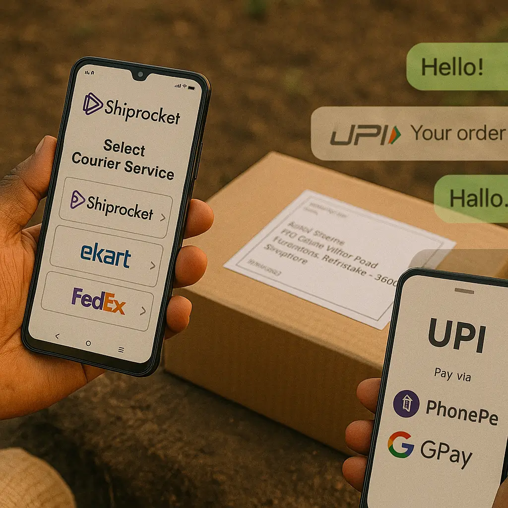 How to Sell Organic Products Online in India - A Guide 6 Mobile phone with courier app, parcel, UPI payment, and WhatsApp chat support
