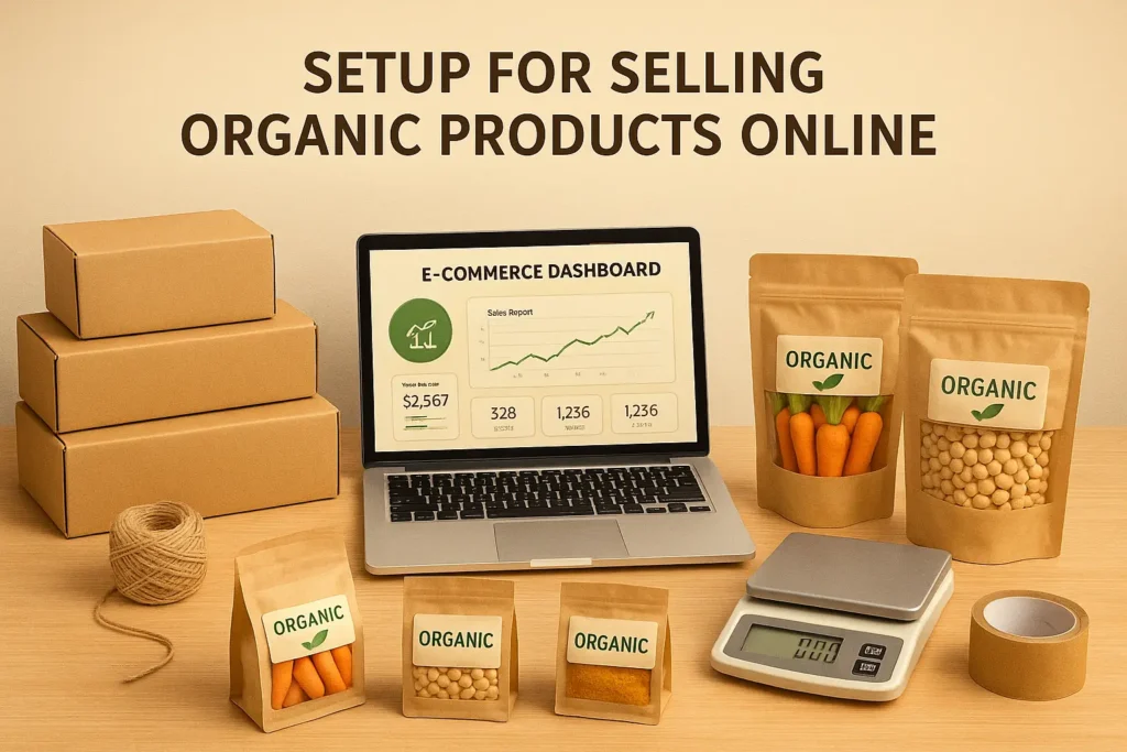 How to Sell Organic Products Online in India - A Guide 2 Desk with e-commerce tools, packaging materials, and labeled organic produce