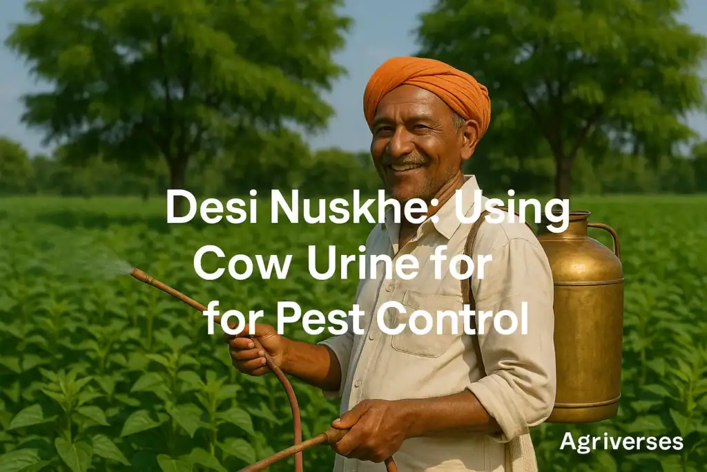 An Indian farmer holding a spray bottle, showcasing the use of cow urine for pest control in sustainable farming.