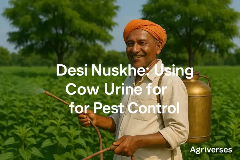 An Indian farmer holding a spray bottle, showcasing the use of cow urine for pest control in sustainable farming.