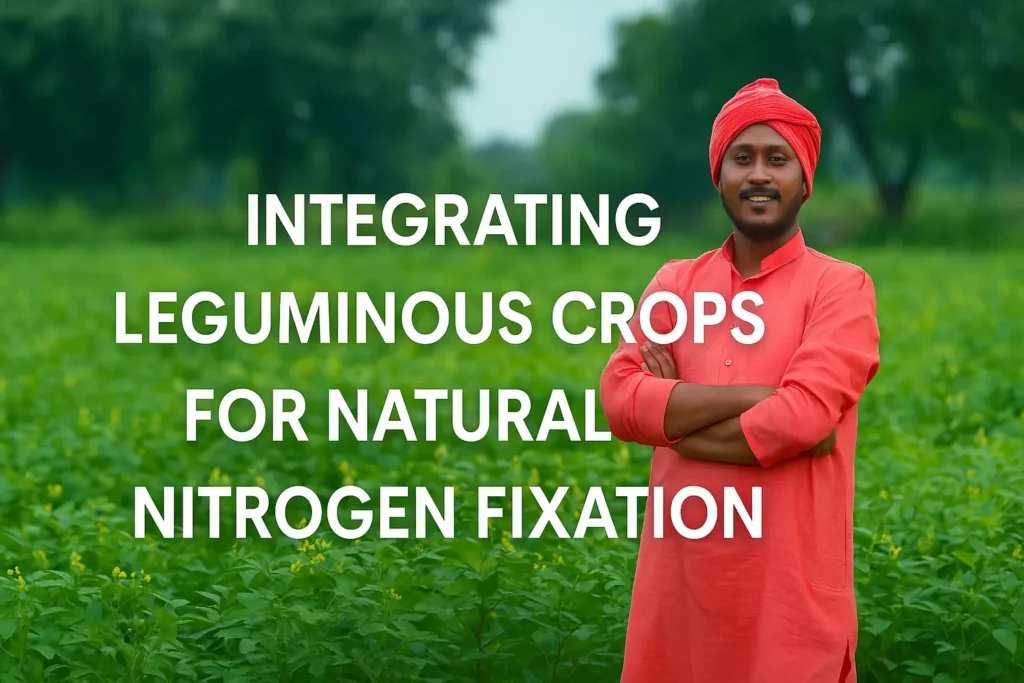 Indian farmer standing confidently in green field with Leguminous Crops in Nitrogen Fixation under bright sky